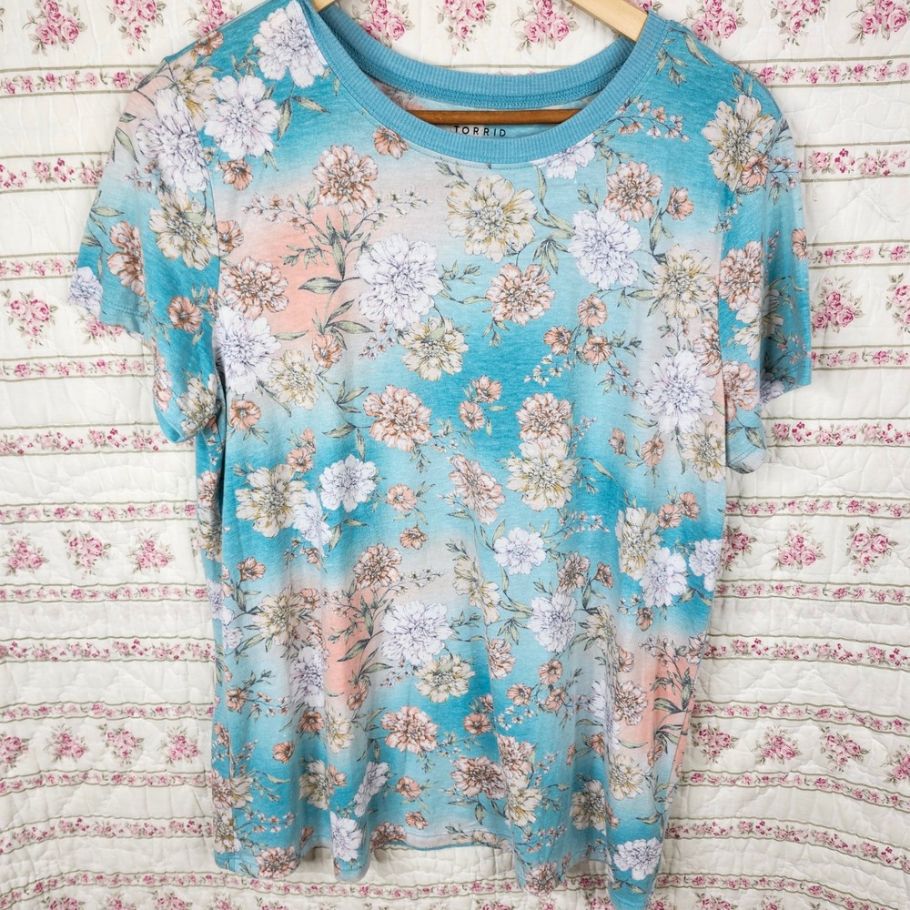 Torrid Floral Short Sleeve Tee - Blue and Pink